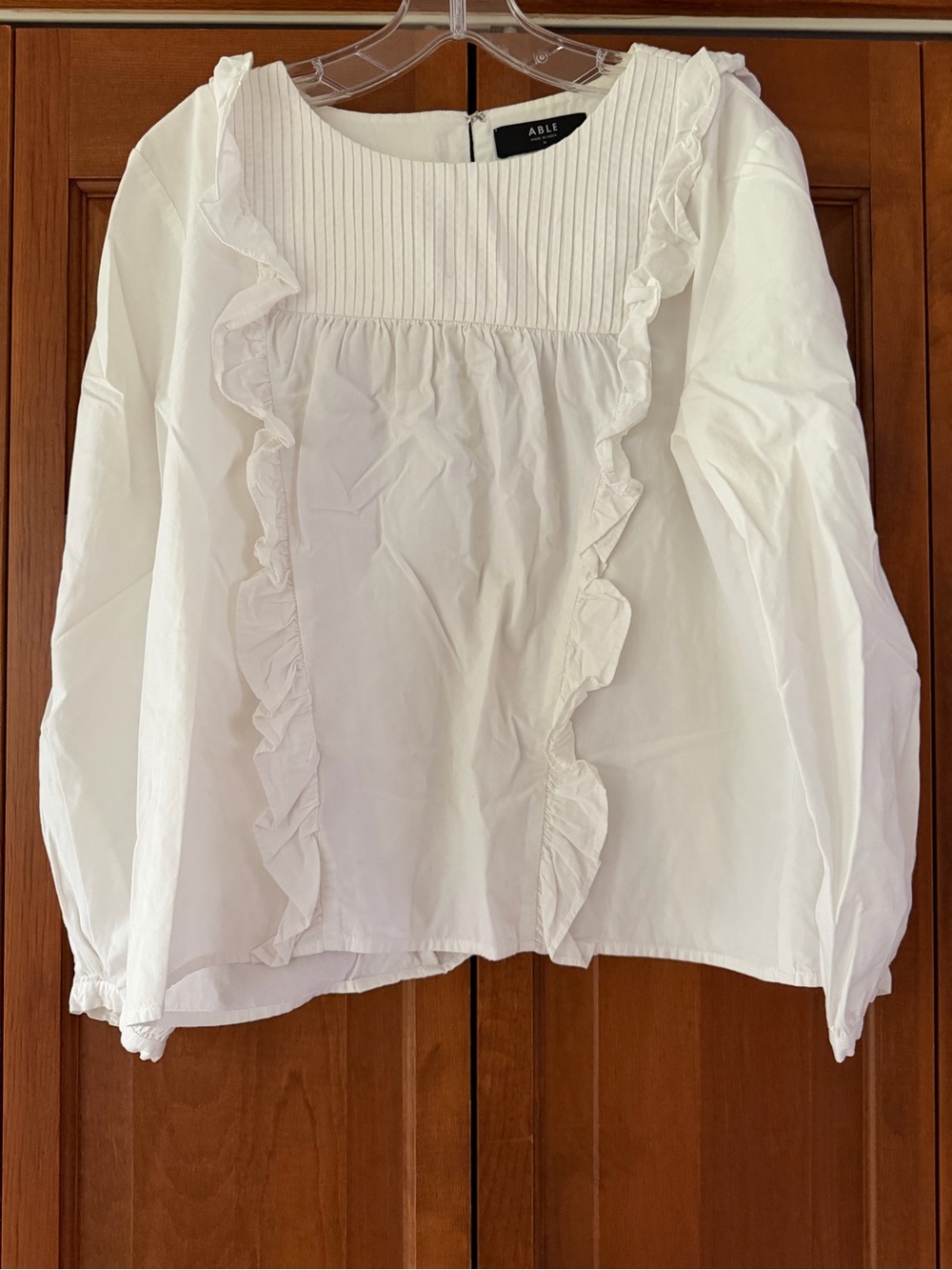 ABLE White Ruffle Pintuck Cotton Blouse